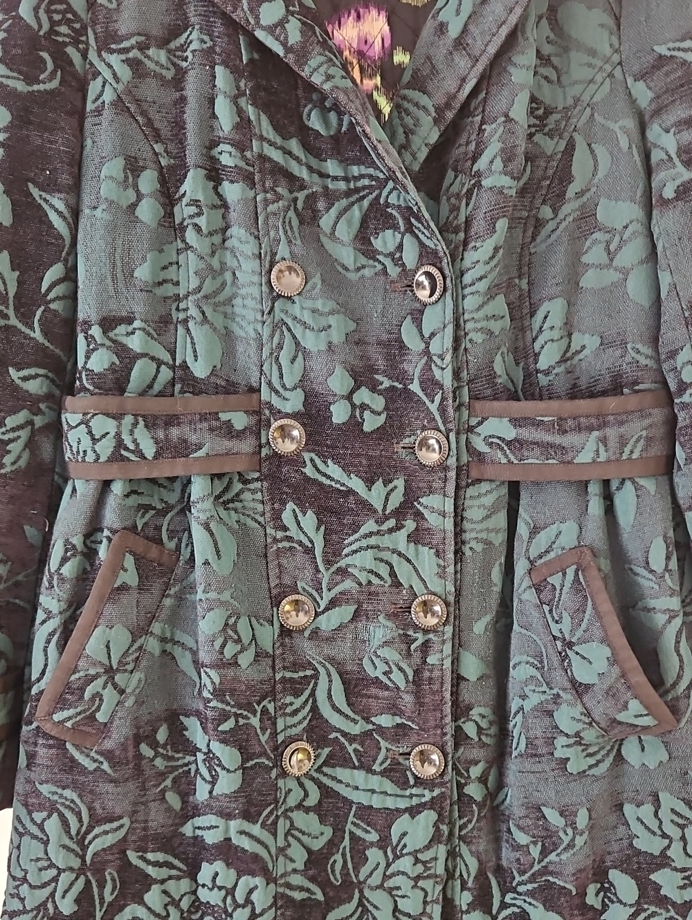 VTG Anthropologie Elevenses Brocade Ruffle Trench Co Size 12 - Picture 7 of 13